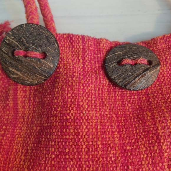 Boho Orange/ Red Handbag Coconut Buttons/beads Woven Fiber W/ Zipper Easy Wear - Picture 2 of 7